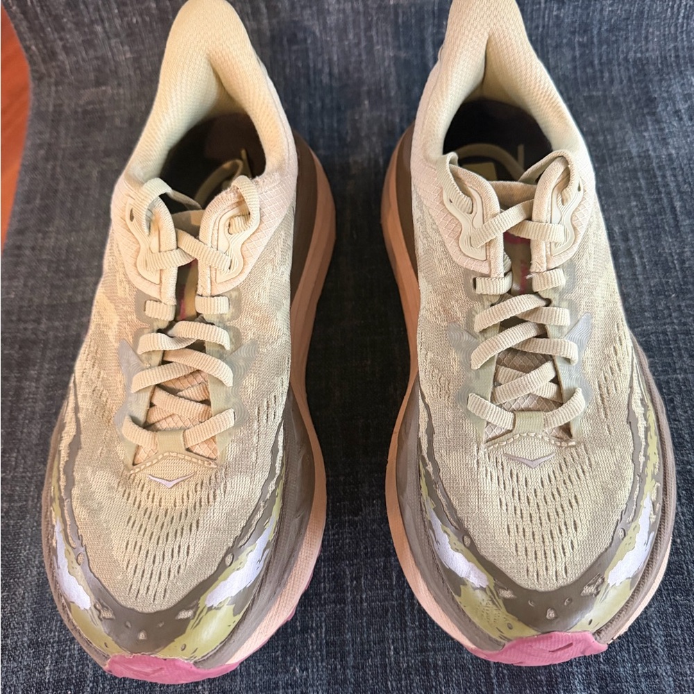 Hoka One One Beige and Olive Athletic Shoes
